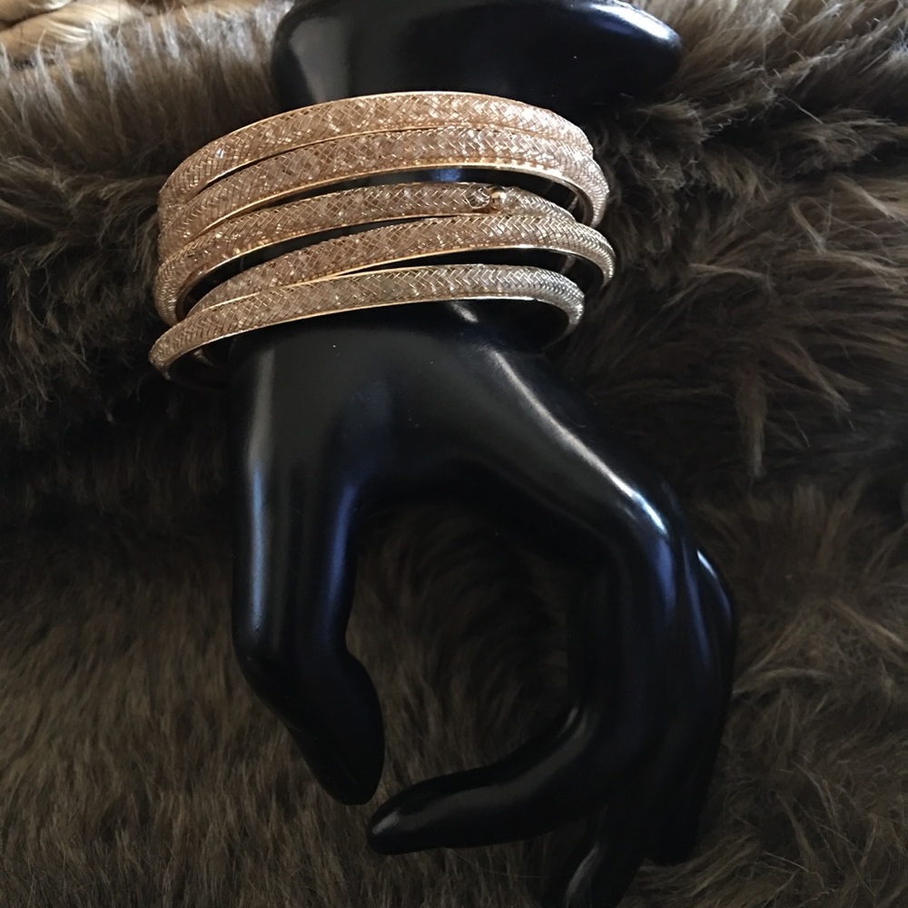 Lot of 5 crystal under mesh gold bangle bracelets